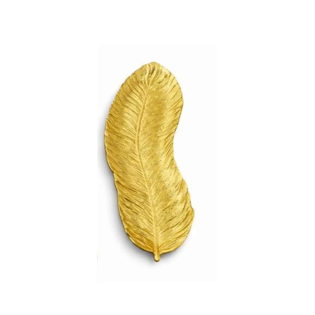 Prato decorativo dourado em forma de pena