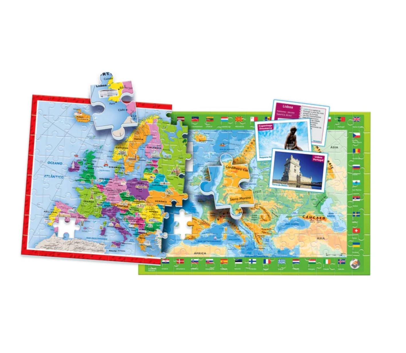 Quebra-cabeças de mapa da Europa com peças removidas, com bandeiras nacionais ao redor.