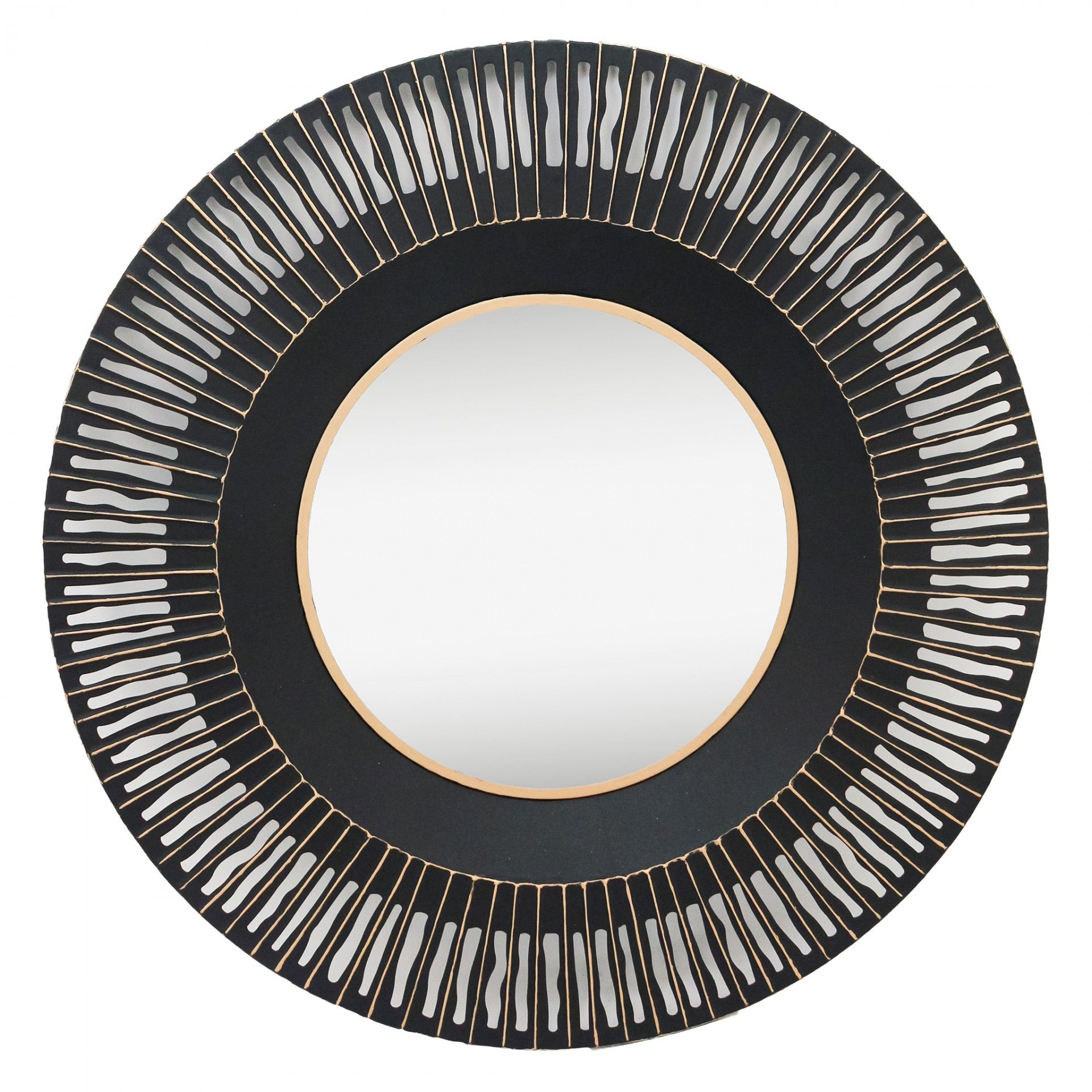 Espelho redondo com moldura preta e dourada geométrica