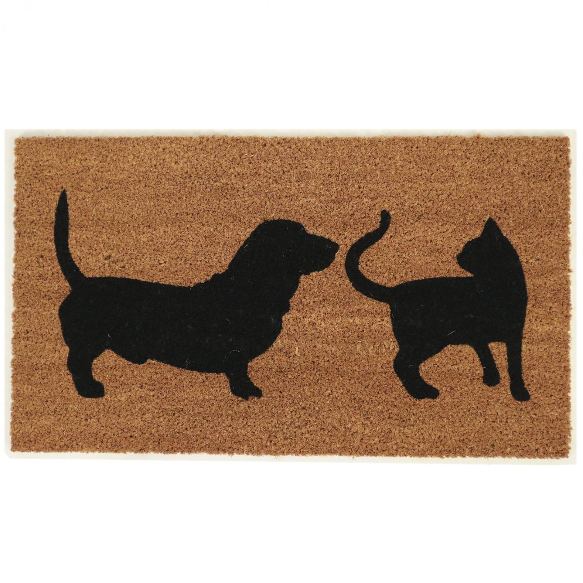 Tapete de entrada com silhuetas de cão e gato em preto sobre fundo castanho