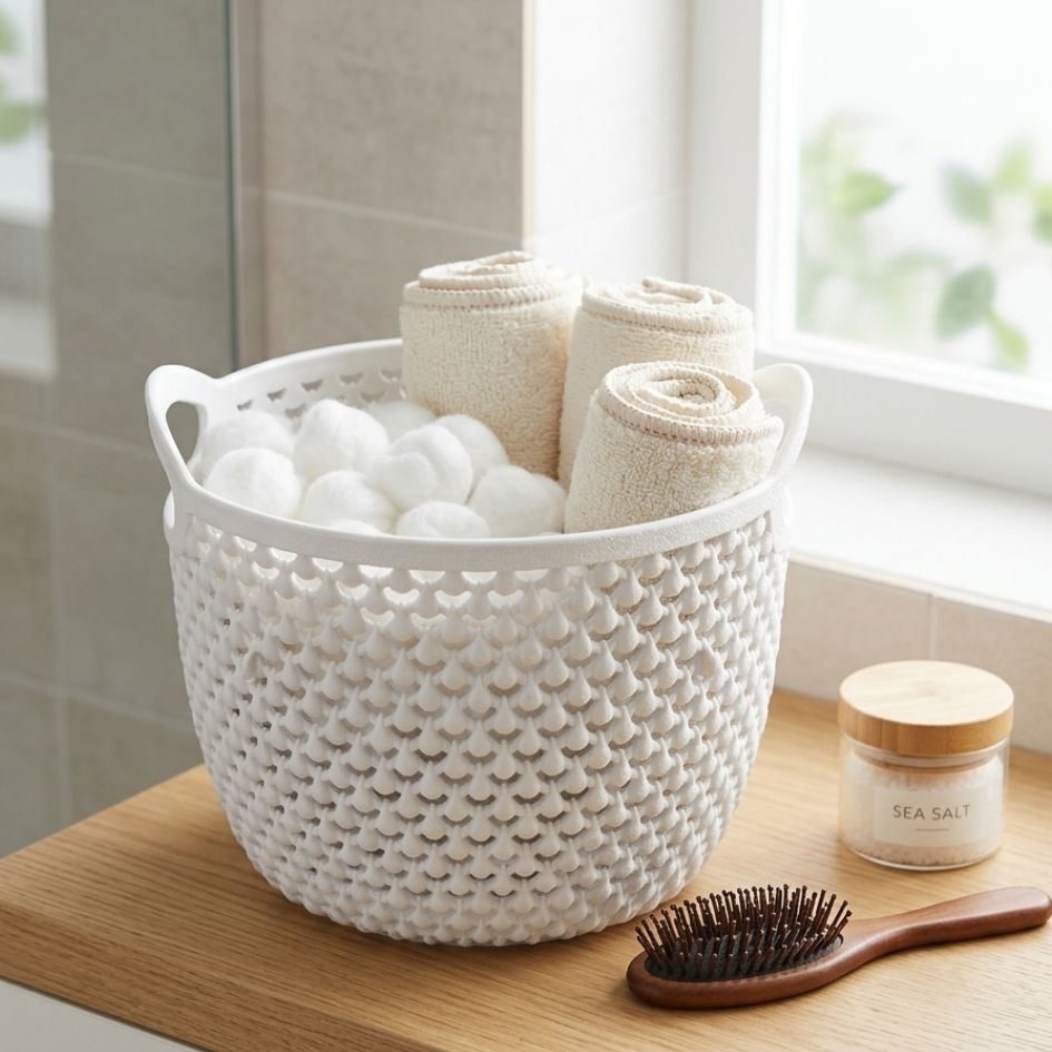 Cesto branco com toalhas e bolas de algodão sobre bancada de madeira