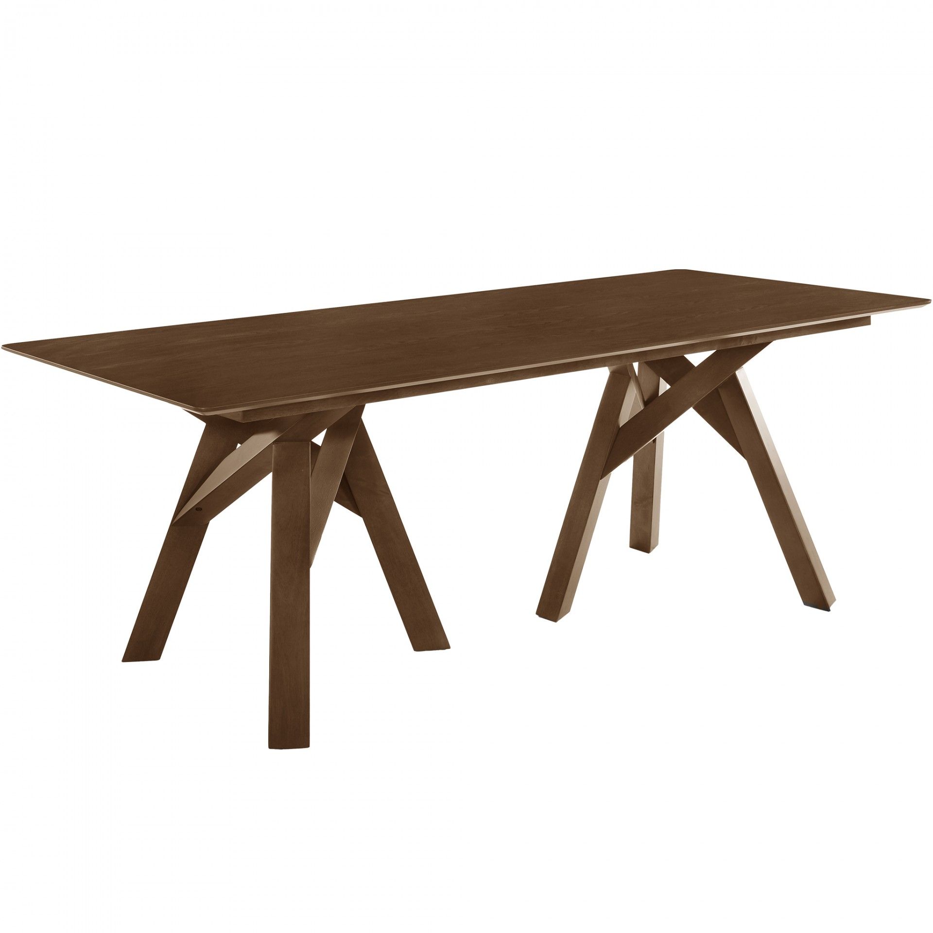 Mesa retangular de madeira castanha com pernas cruzadas