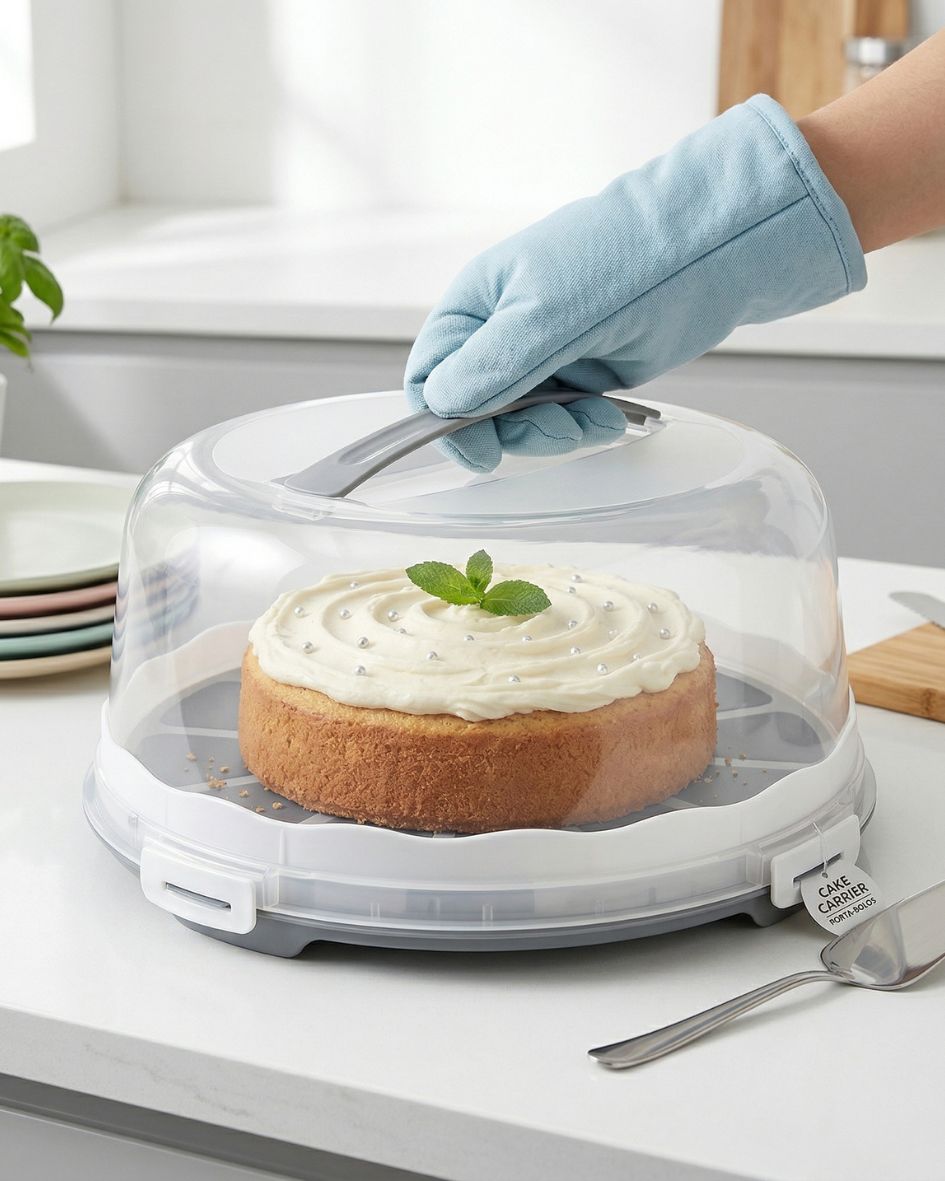 Porta-bolo plástico branco e transparente com bolo e mão enluvada a segurá-lo