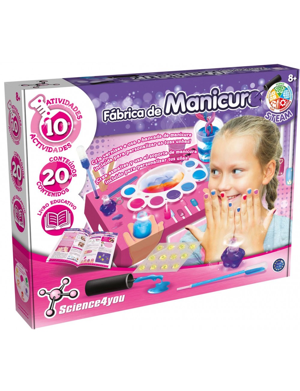 Caixa do brinquedo educativo Fábrica de Manicure da Science4you com imagens e texto em português.