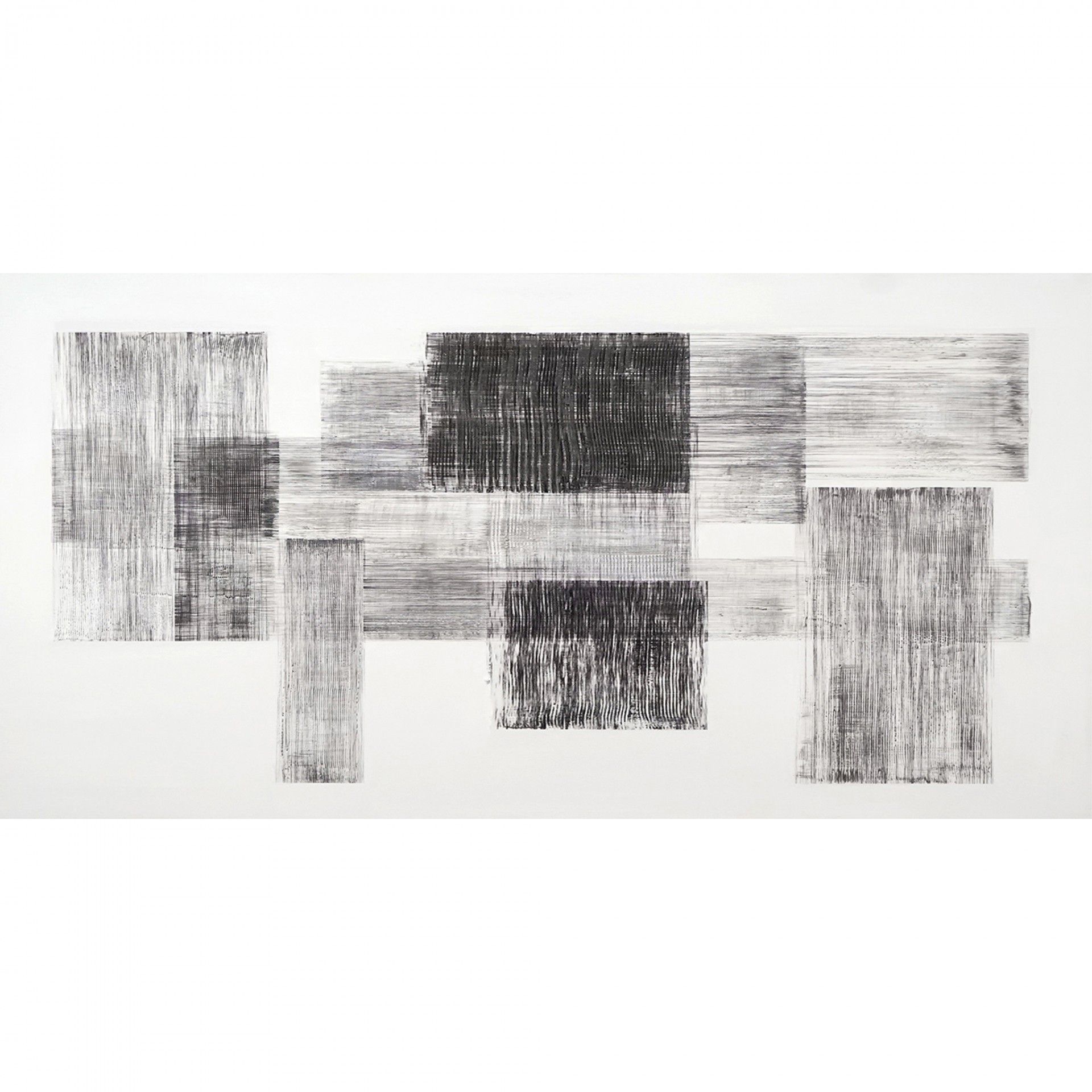 Pintura abstrata com formas rectangulares em tons cinza e preto sobre fundo branco