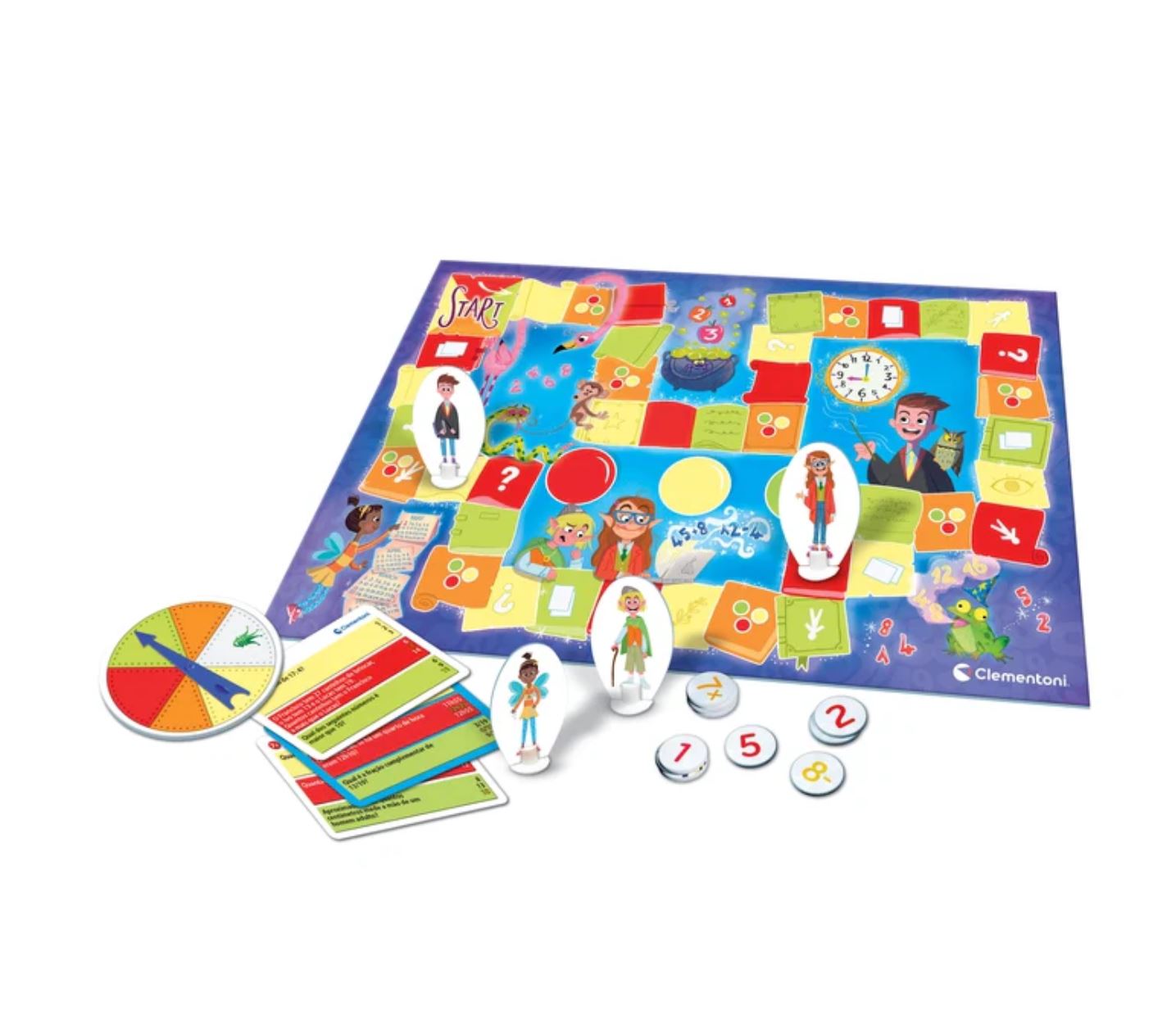 Jogo de tabuleiro colorido com peças e cartas