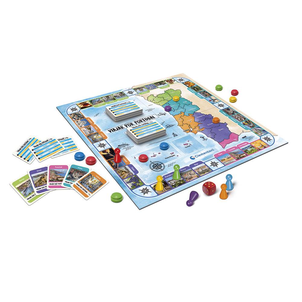Jogo de tabuleiro Viagem por Portugal com mapa de Portugal, cartas e peças coloridas
