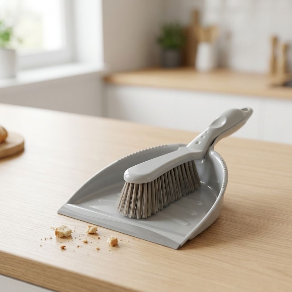 Pá de lixo e escova cinzentas com migalhas sobre bancada de madeira