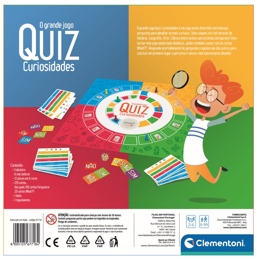 Embalagem do jogo de tabuleiro 'O grande jogo QUIZ Curiosidades' colorida com desenho de menino e tabuleiro