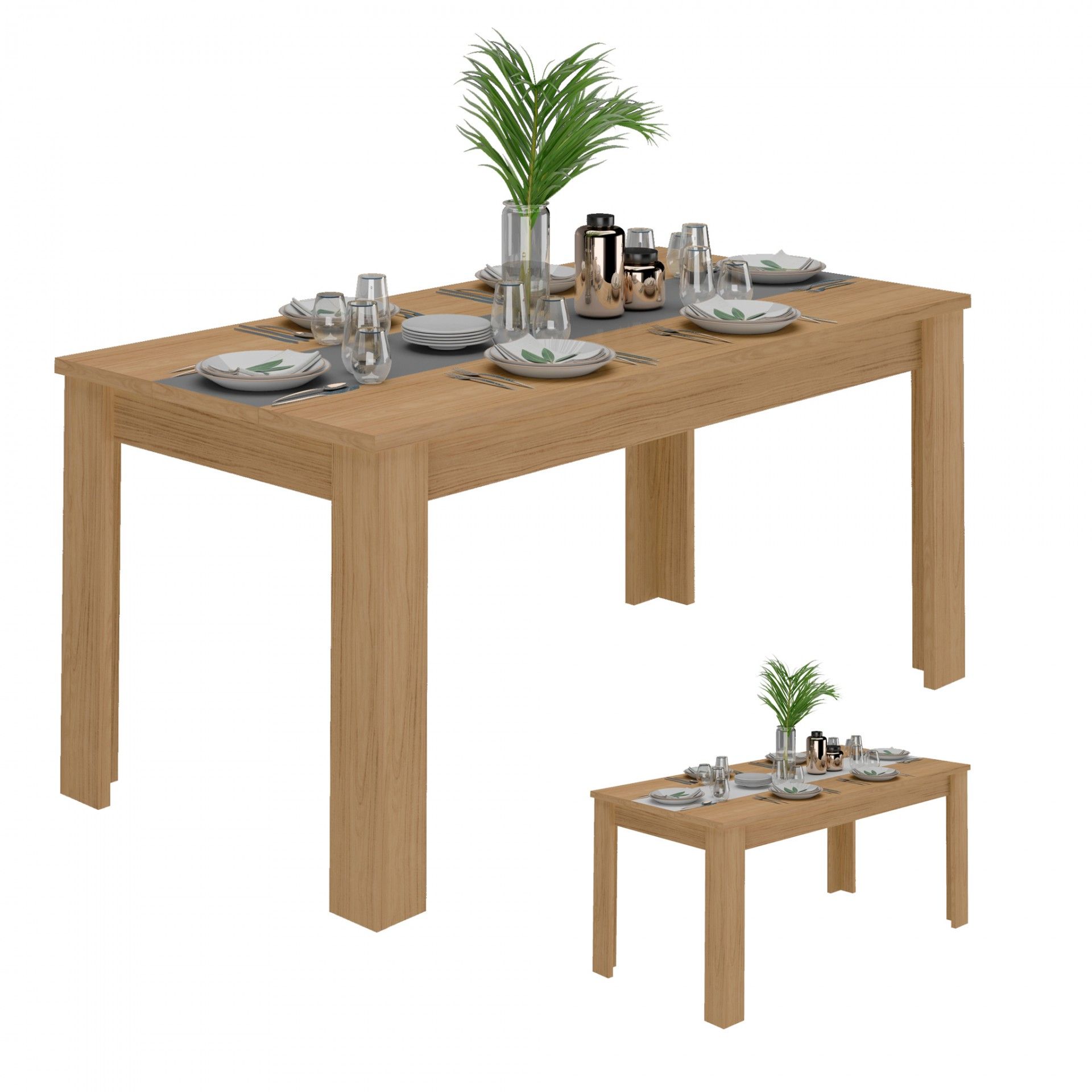 Mesa de jantar retangular em madeira clara com loiça e vaso de planta