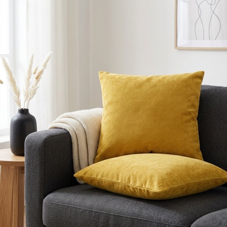 Almofadas amarelas sobre sofá cinza com manta bege e jarra preta com flores secas