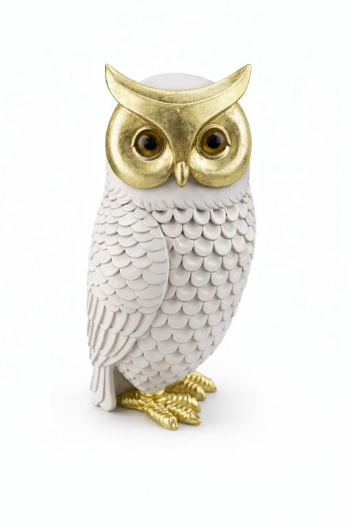 Estátua de coruja branca com detalhes dourados