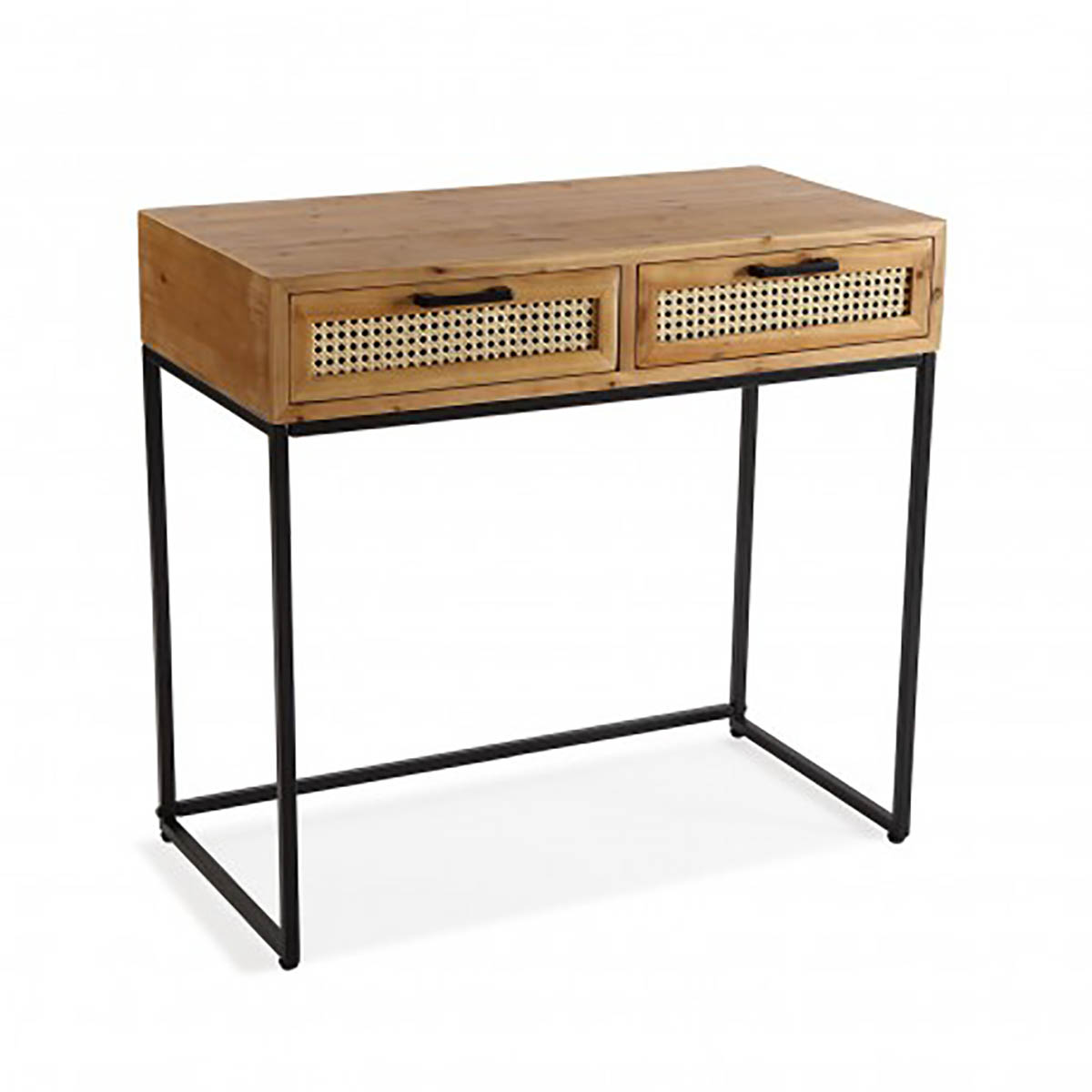 Secretária madeira clara com gavetas decoradas em rattan e estrutura metálica preta