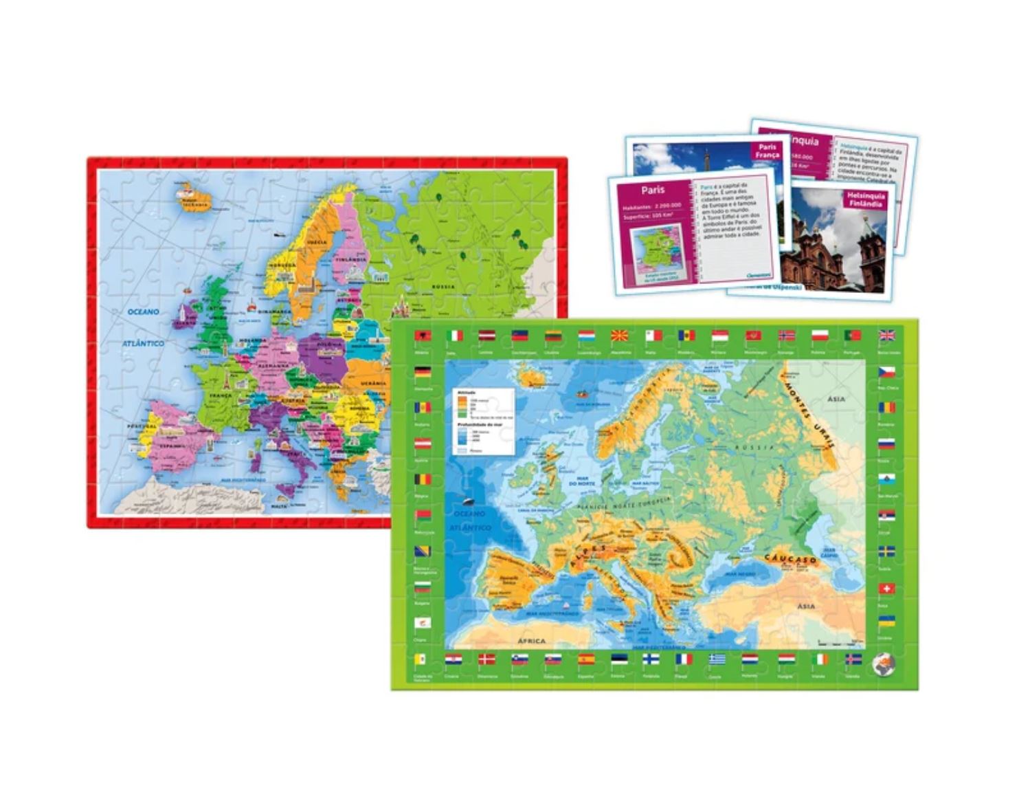 Dois mapas da Europa coloridos com molduras vermelha e verde e cartões informativos