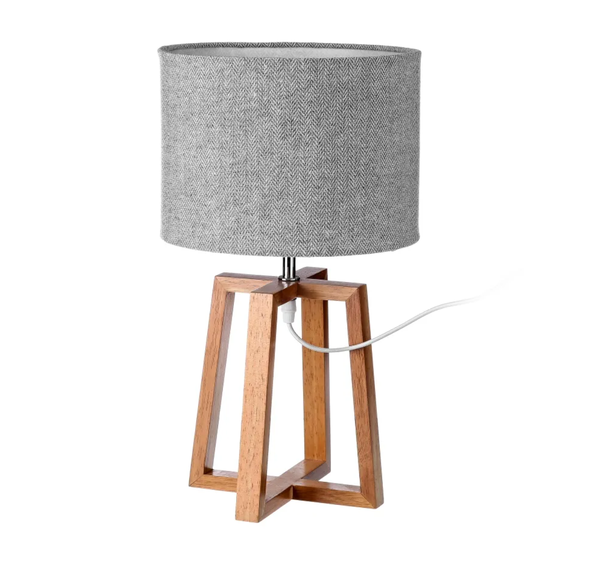 Candeeiro de mesa com base de madeira e cúpula cinzenta