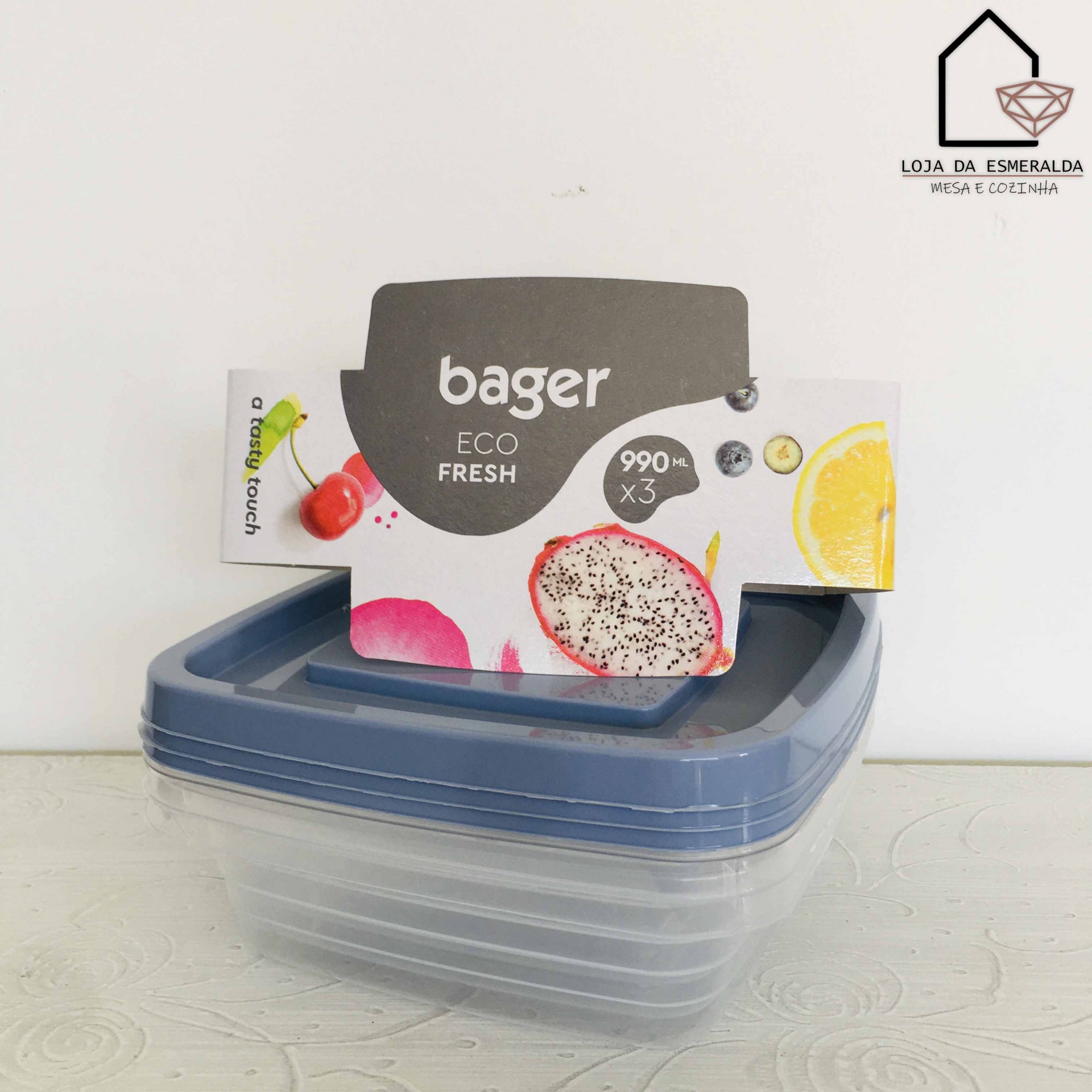 Set de recipientes transparentes com tampa azul Bager ECO FRESH em embalagem com imagens de frutas.