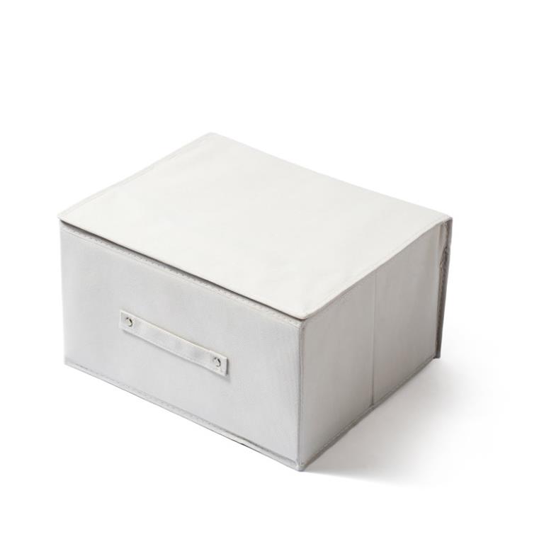 Caixa de armazenamento cinzenta com tampa branca e alça frontal.