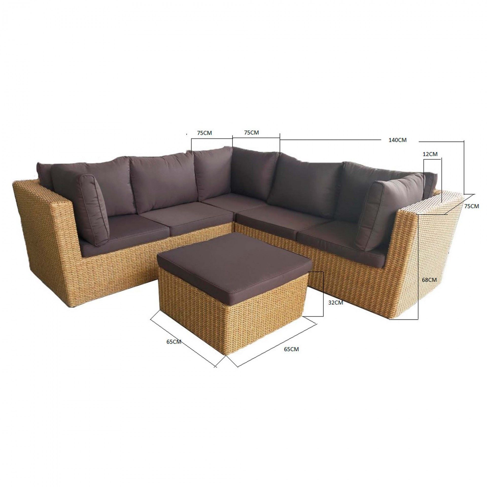 Conjunto de sofá em canto e puff em vime sintético castanho com almofadas castanhas escuras e medidas indicadas