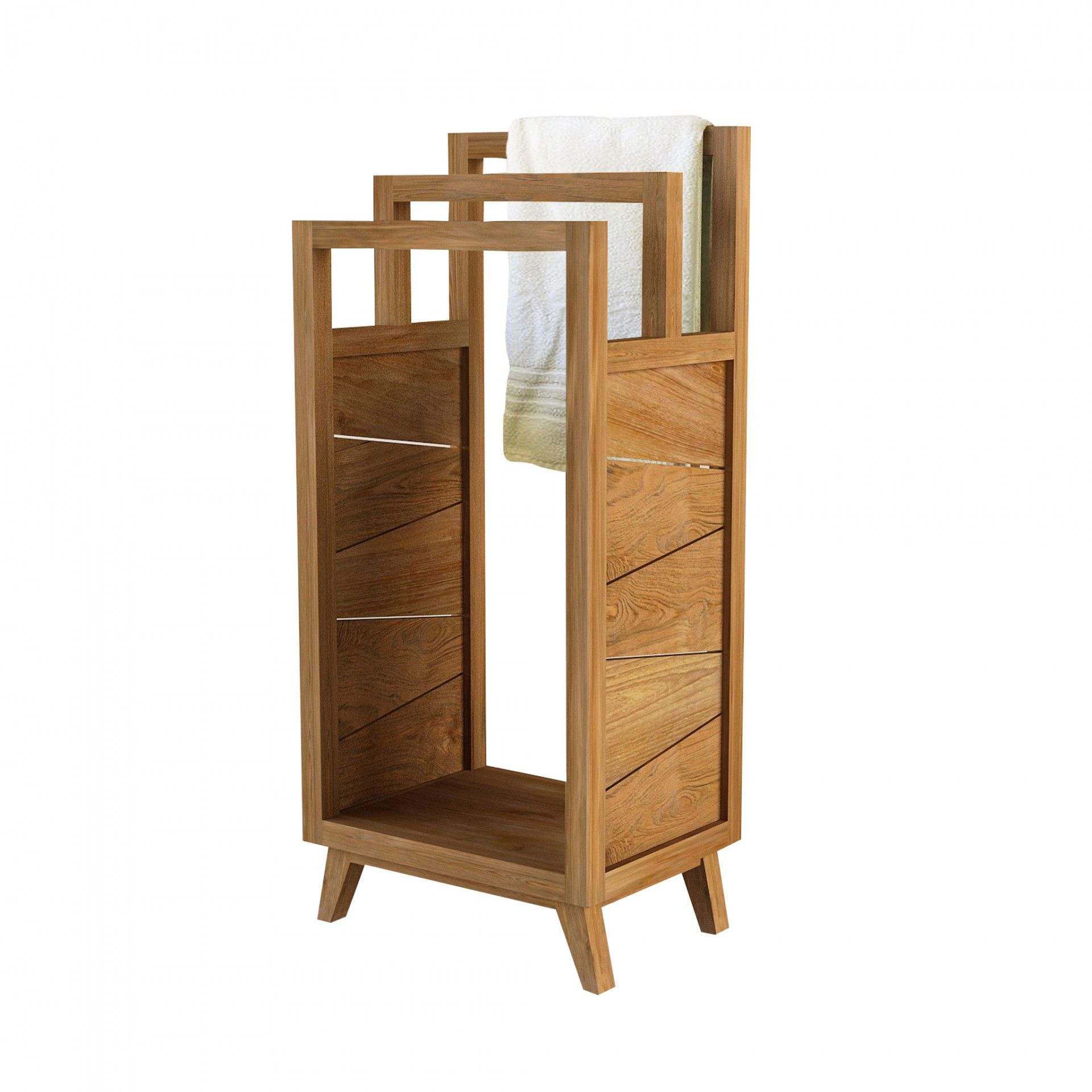 Suporte para toalhas em madeira castanha clara com padrões geométricos