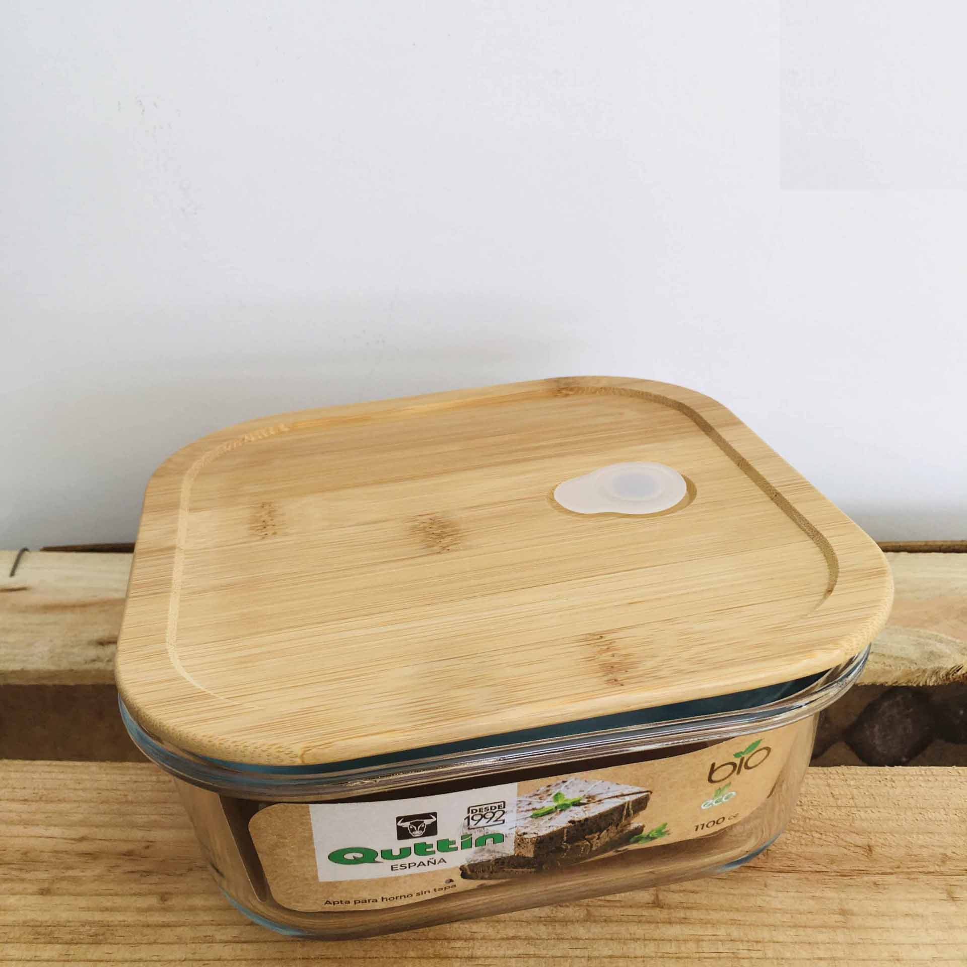 Recipiente quadrado de vidro com tampa de bambu com válvula
