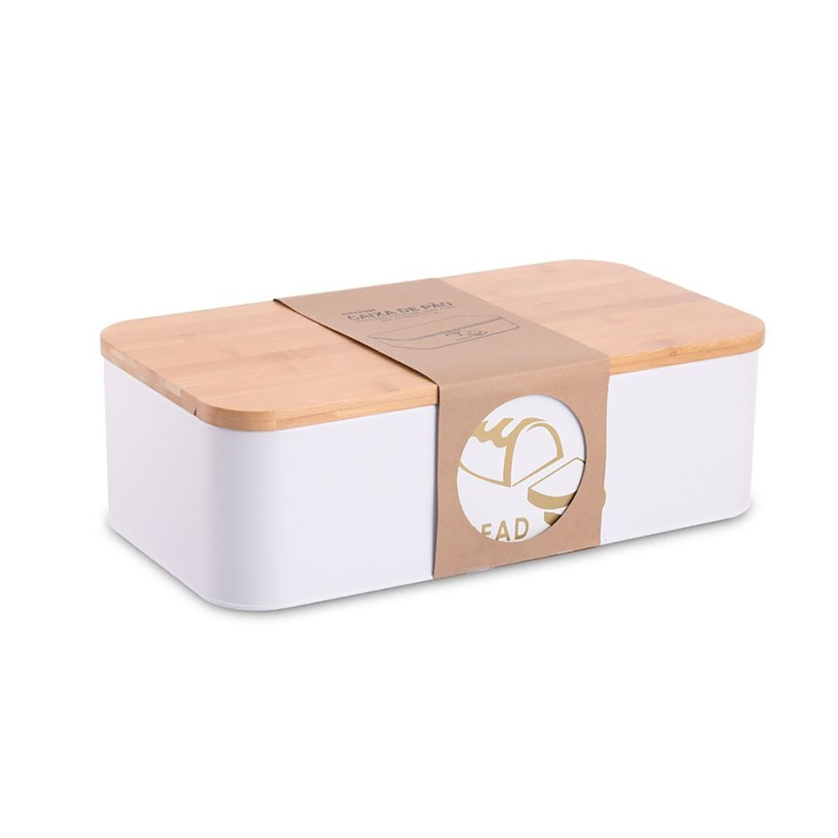 Recipiente retangular branco com tampa de madeira clara e banda de papel castanha