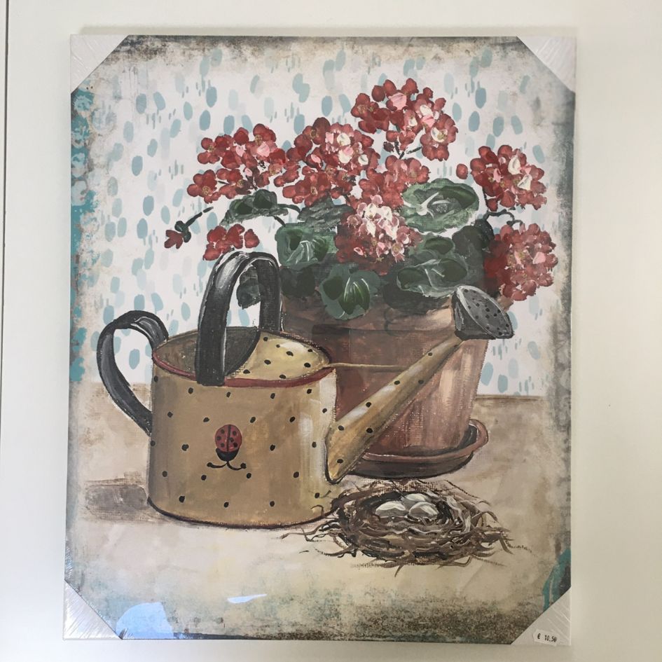 Quadro decorativo com pintura de regador, vaso de flores e ninho