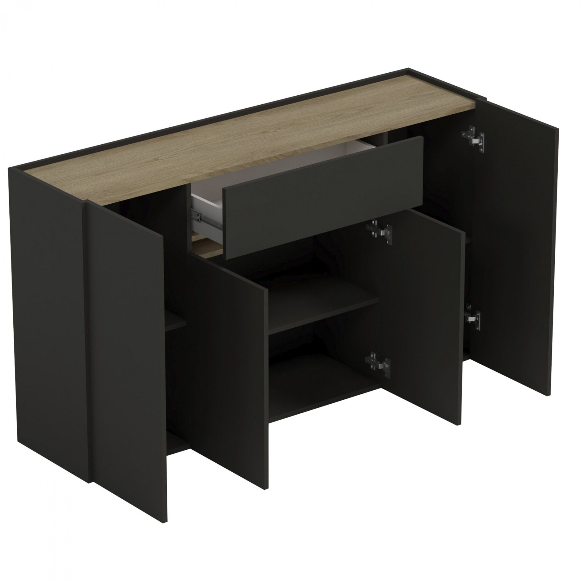 Móvel de arrumação preto com tampo em madeira clara, gaveta e portas abertas