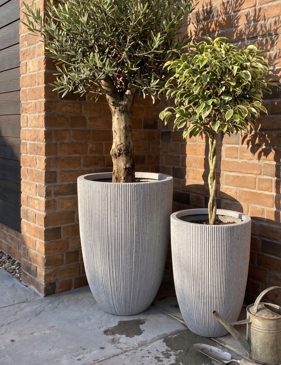 Dois vasos cinza com textura de linhas verticais e árvores plantadas junto a uma parede de tijolos com ferramentas de jardinagem no chão.