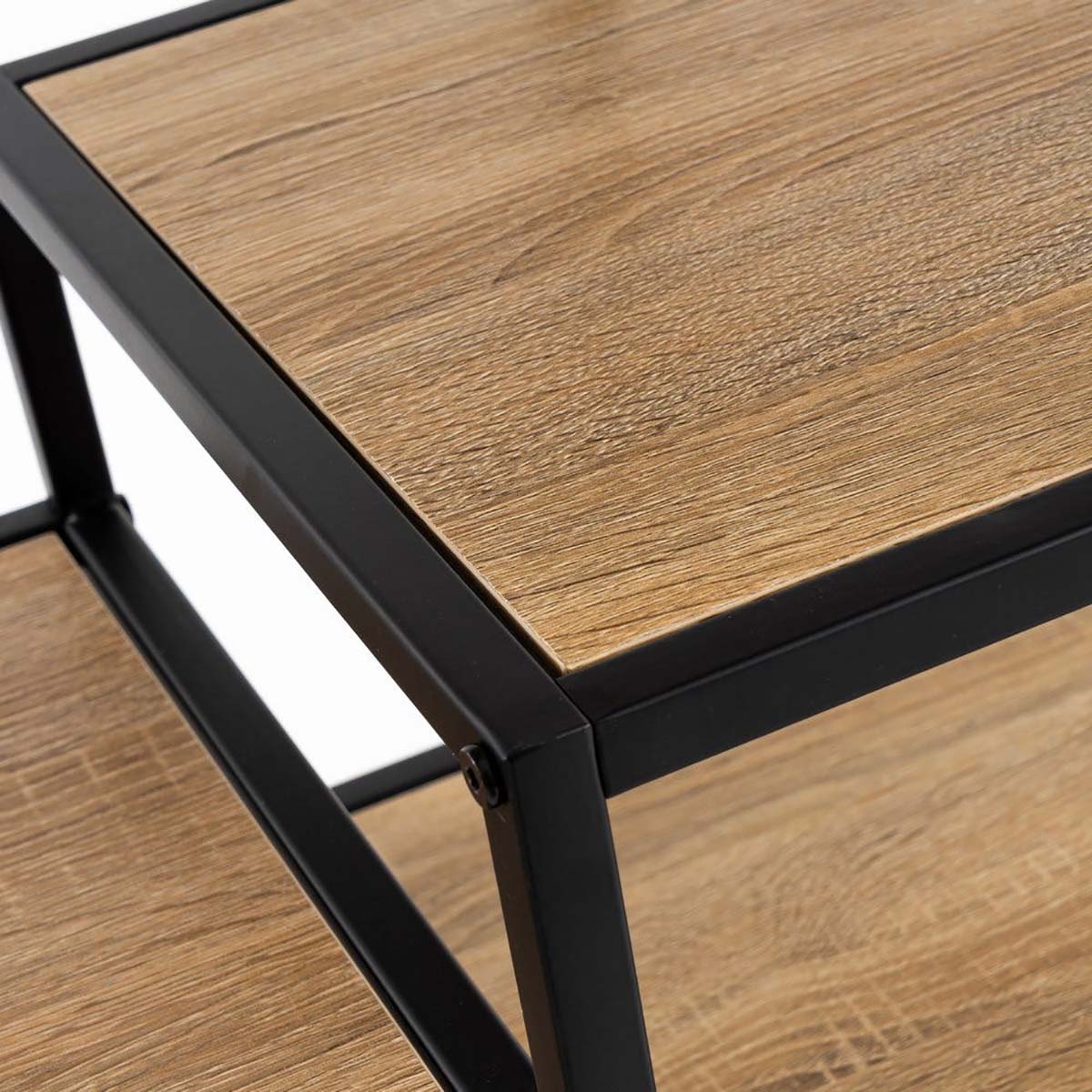 Mesa de madeira castanha e estrutura metálica preta