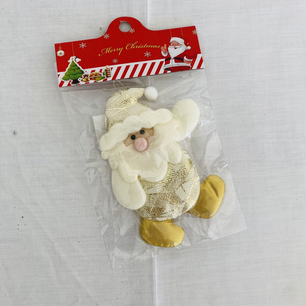 Boneco decorativo Pai Natal tecido dourado com embalagem Merry Christmas