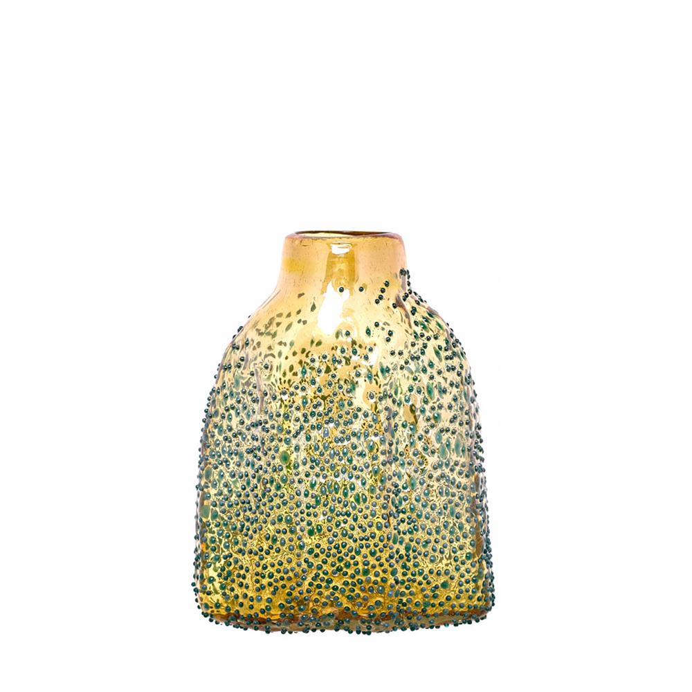 Vaso de vidro amarelo com textura verde e formato arredondado.