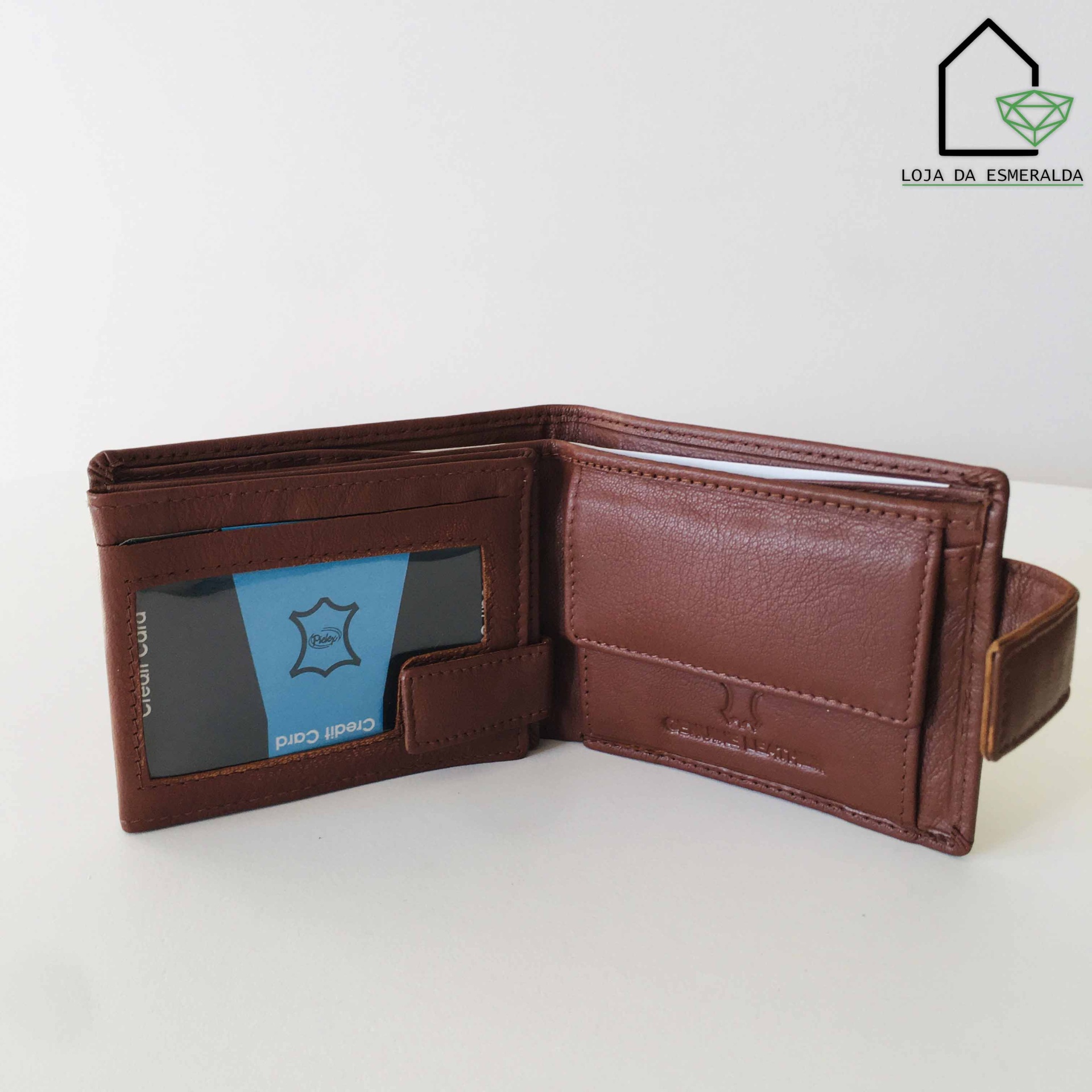 Carteira masculina em pele castanha com compartimentos para cartão e moedas, cartão azul com símbolo de pele visível