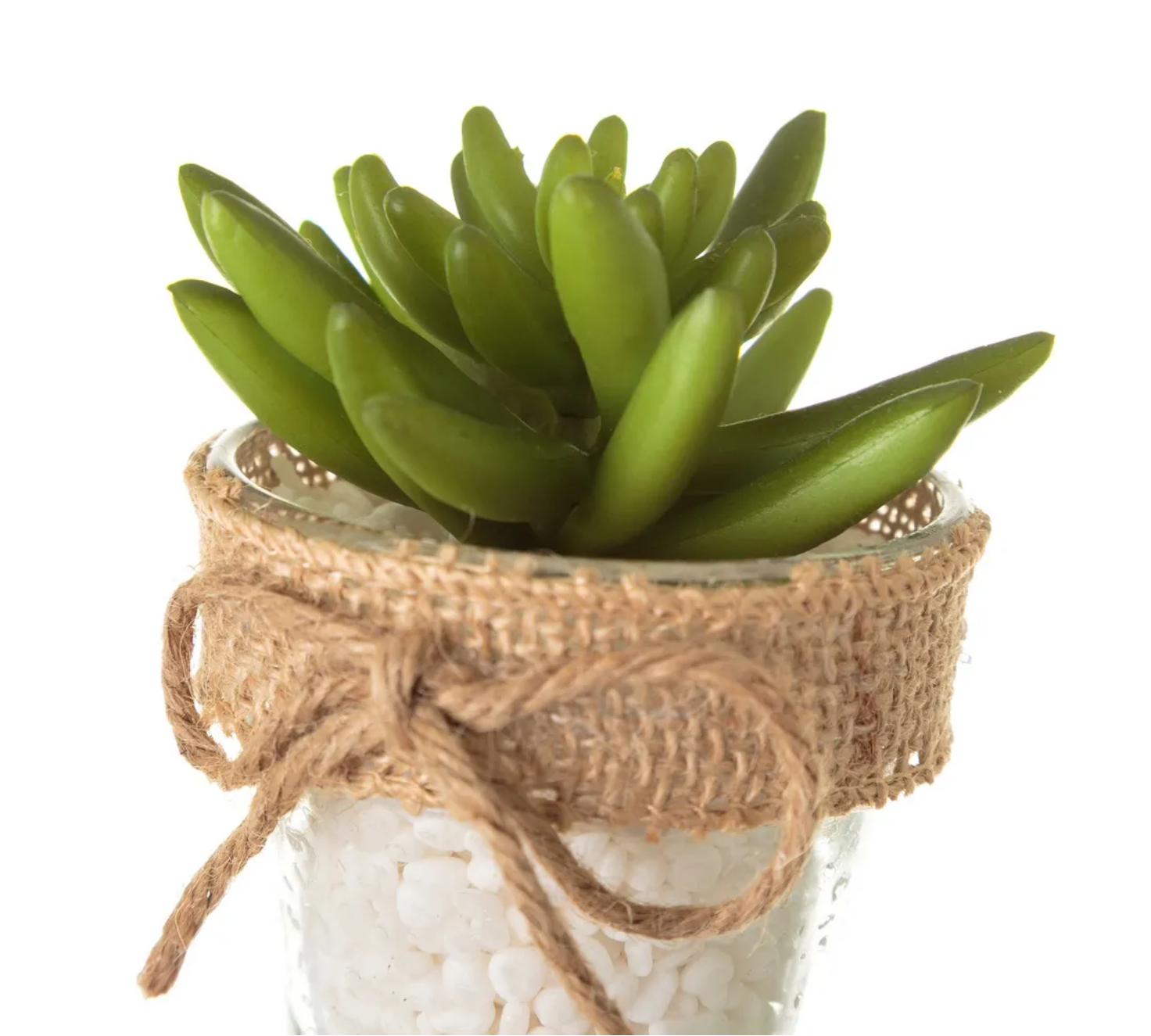 Vaso transparente com planta artificial verde e fita de juta