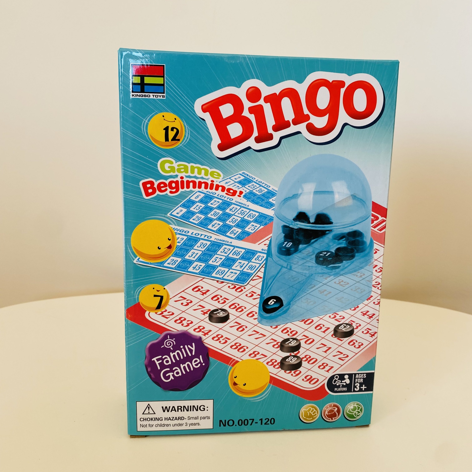 Embalagem do jogo Bingo com distribuidor de bolas azul translúcido e bolas pretas numeradas