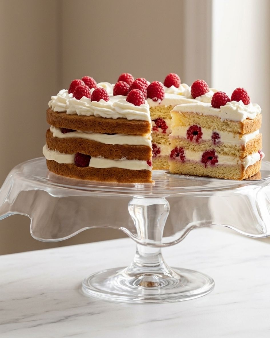 Bolo de camadas com framboesas e chantilly em prato de vidro