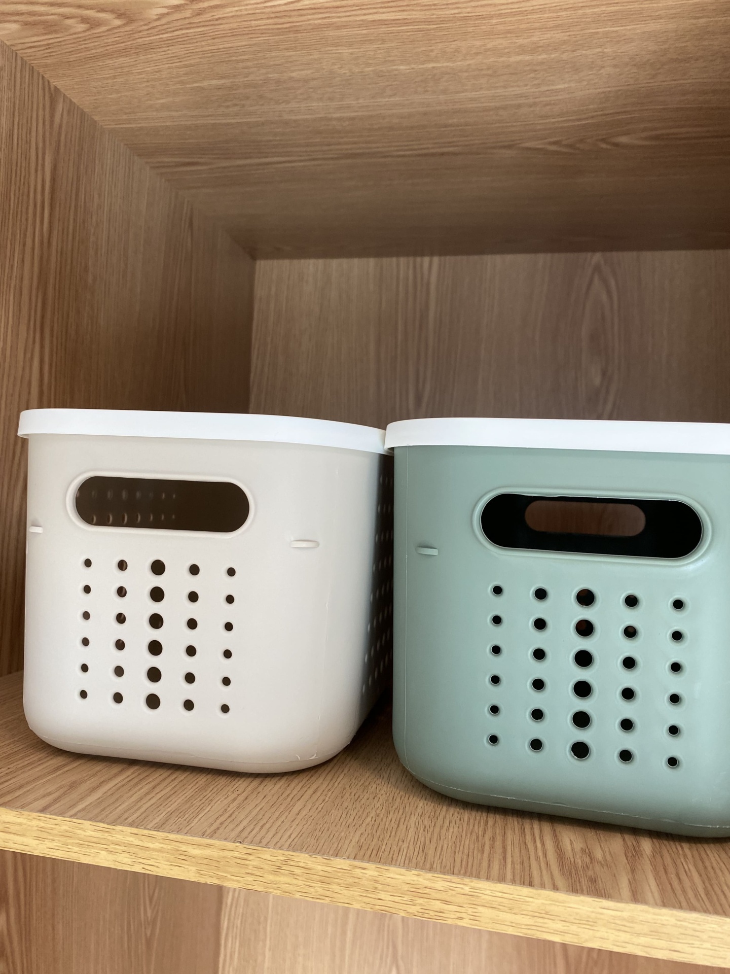 Duas caixas organizadoras de plástico bege e verde com tampas brancas e furos, numa prateleira de madeira clara.