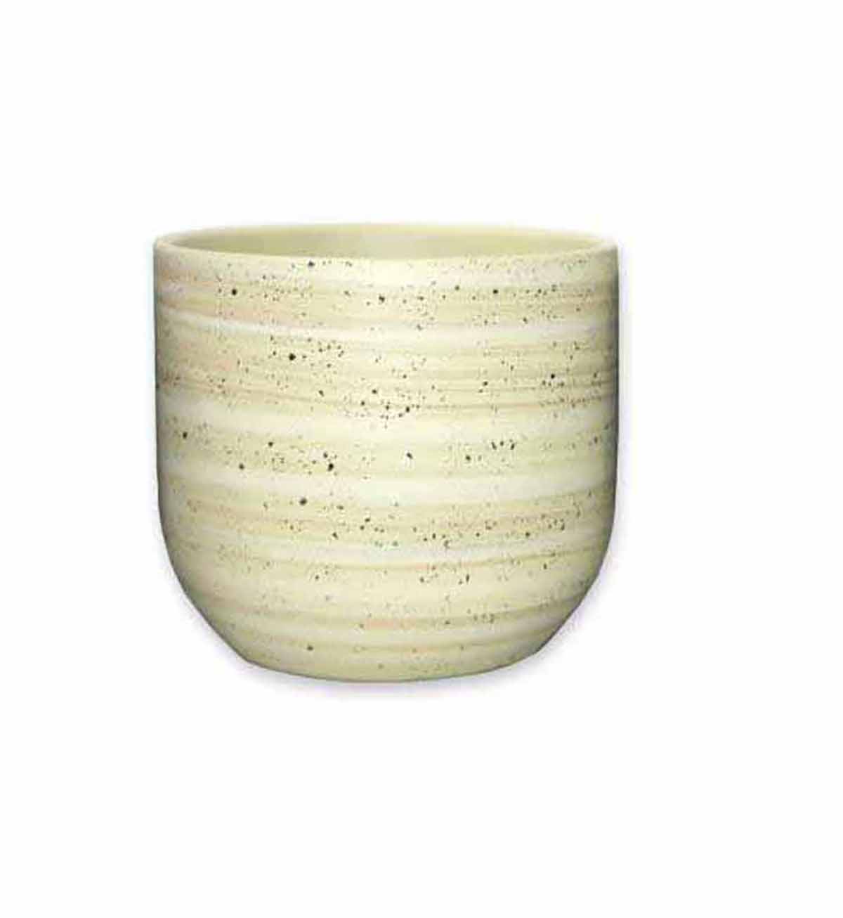 Vaso redondo em cerâmica bege com riscas e manchas escuras