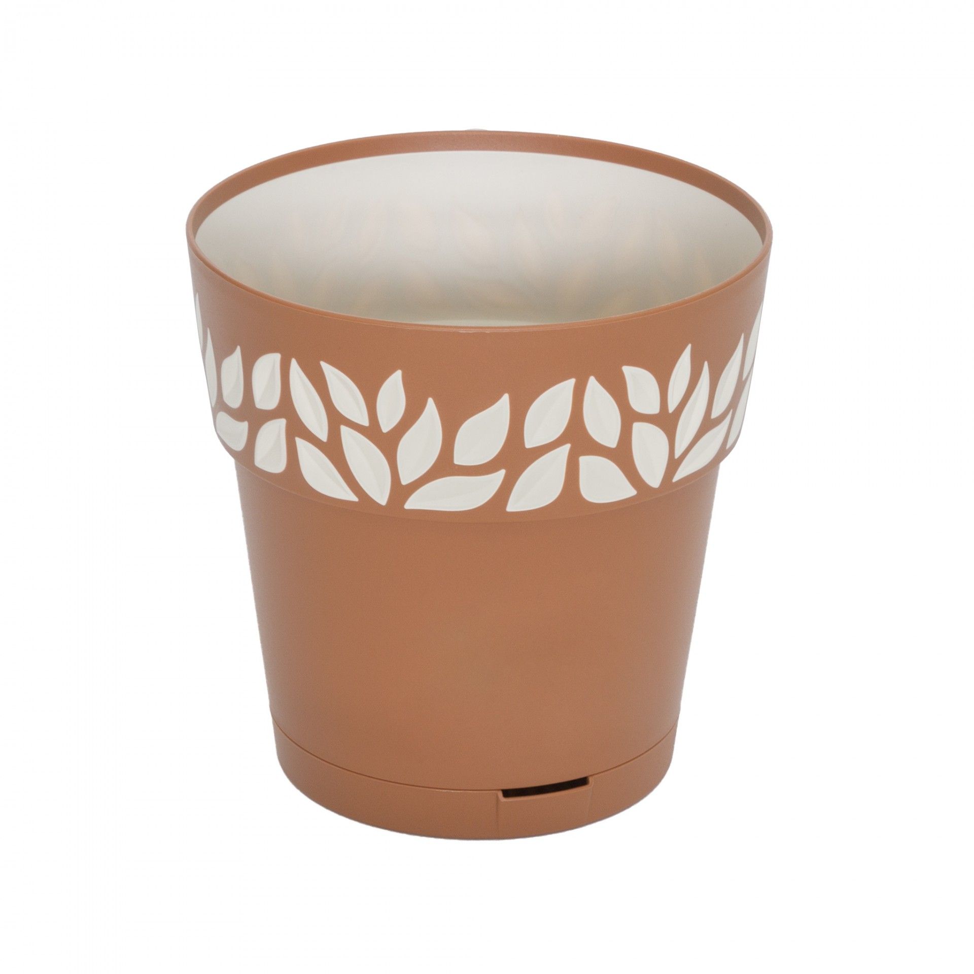 Vaso de planta castanho com folhas brancas decorativas