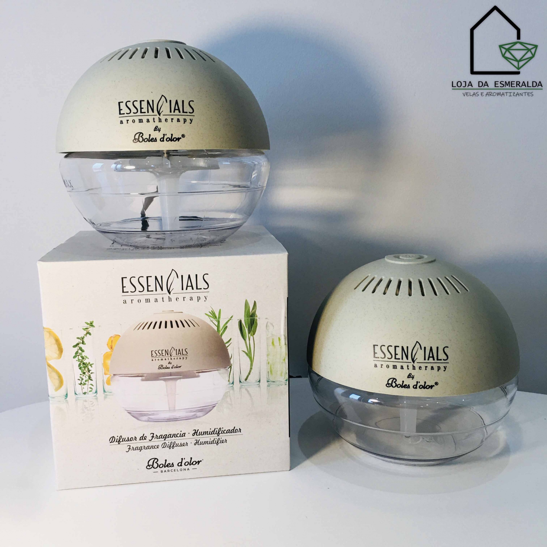 Difusor de ambiente ESSENTIALS aromatherapy Bola d'ar cor bege com base transparente e caixa branca