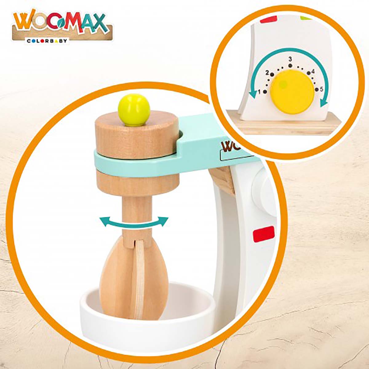 Batedeira de brinquedo em madeira colorida com botão amarelo e marcador numérico