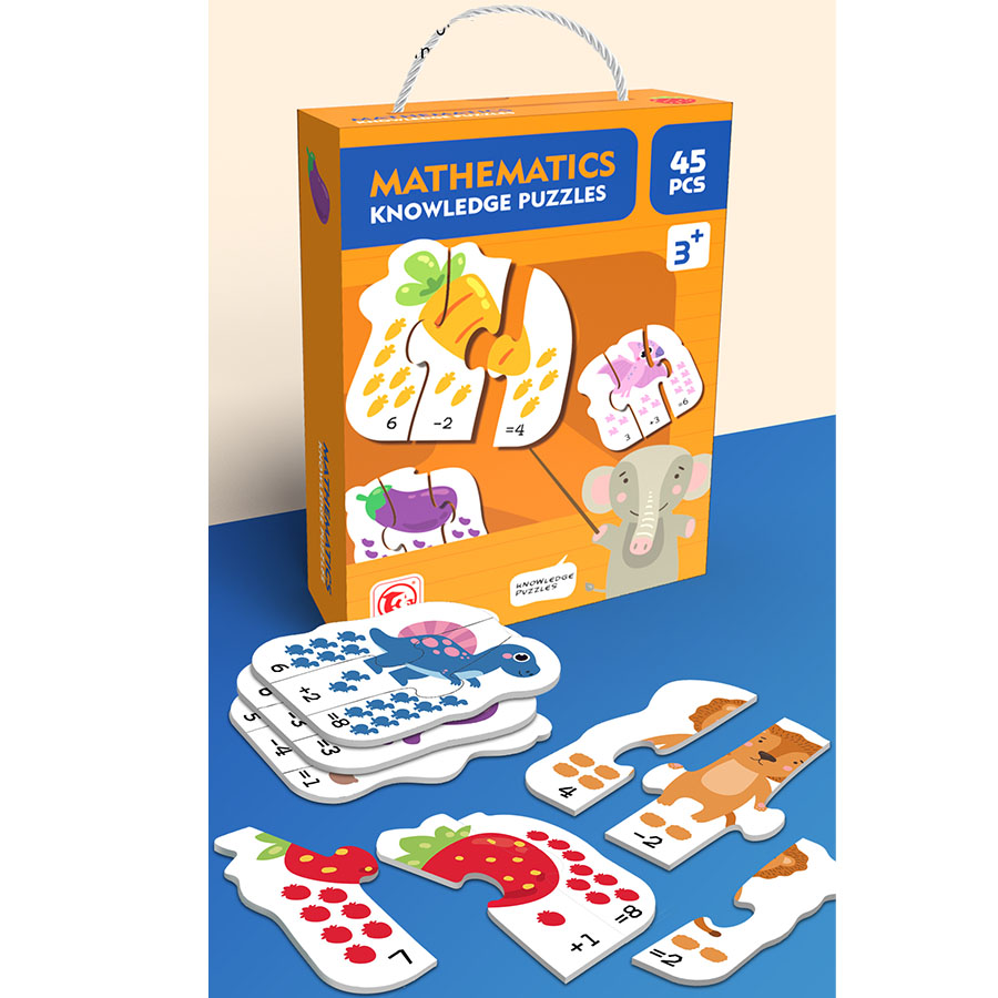 Jogo de puzzle de matemática para crianças com 45 peças em embalagem laranja.