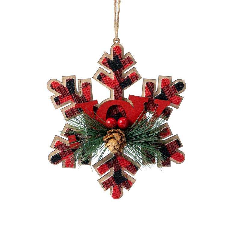 Enfeite de Natal de madeira em forma de floco de neve xadrez com detalhes festivos