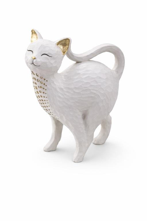 Estatueta decorativa de gato branco com detalhes dourados e textura martelada