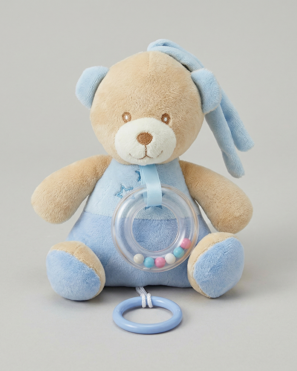 Urso de peluche azul e bege com anel transparente e anel azul claro