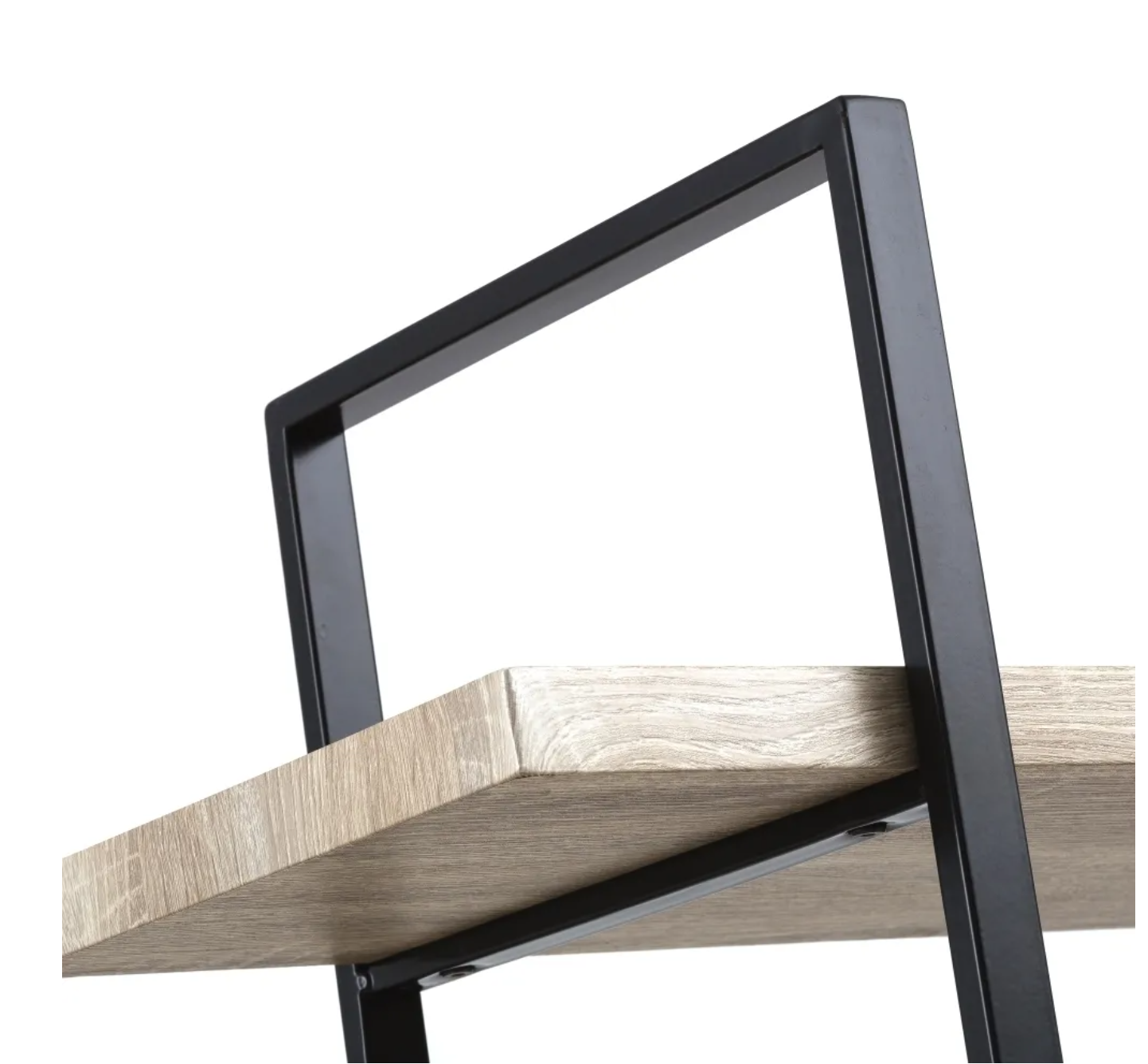 Estante com prateleira de madeira clara e estrutura metálica preta