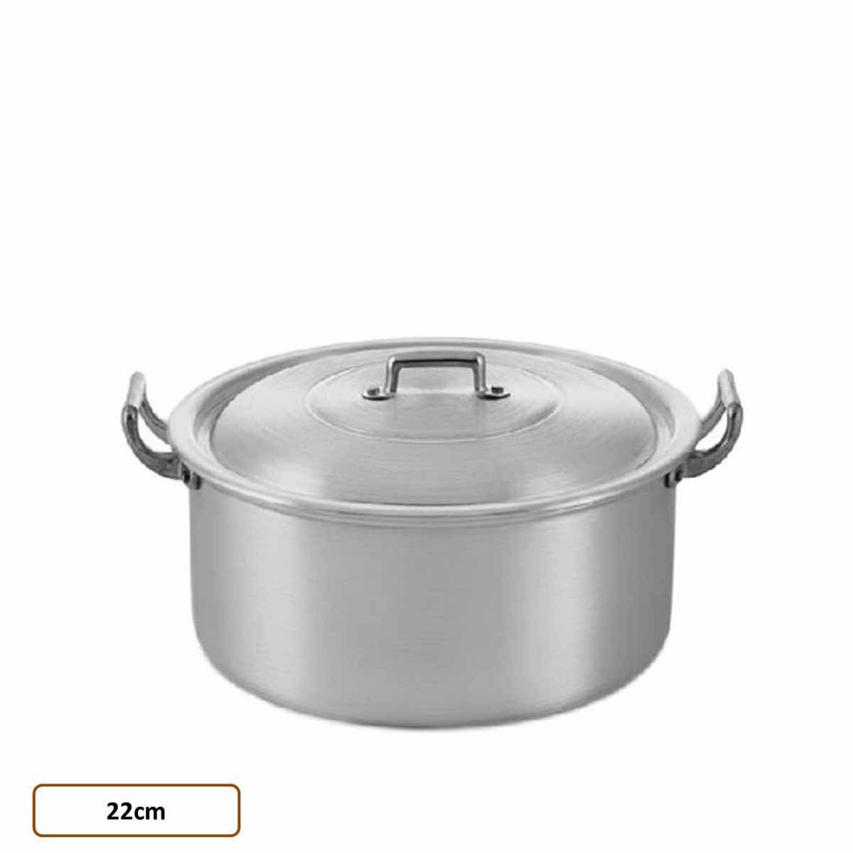 Panela de cozedura metálica prateada com tampa e pegas