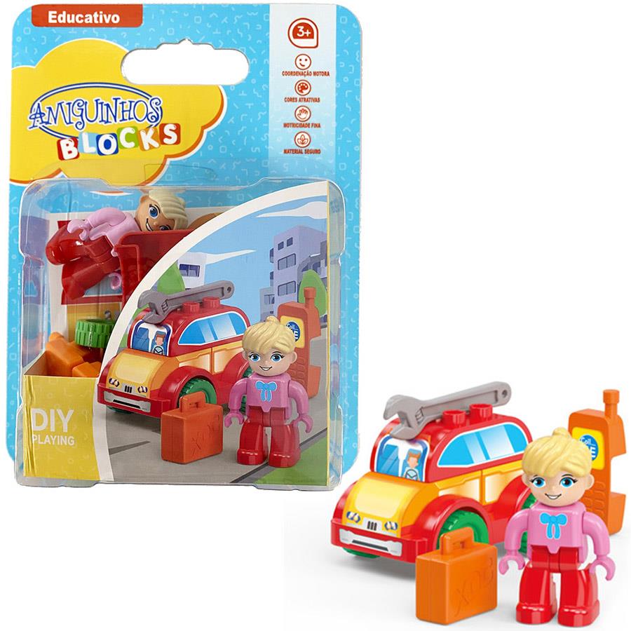 Brinquedo educativo Amiguinhos Blocks com figura e veículo coloridos
