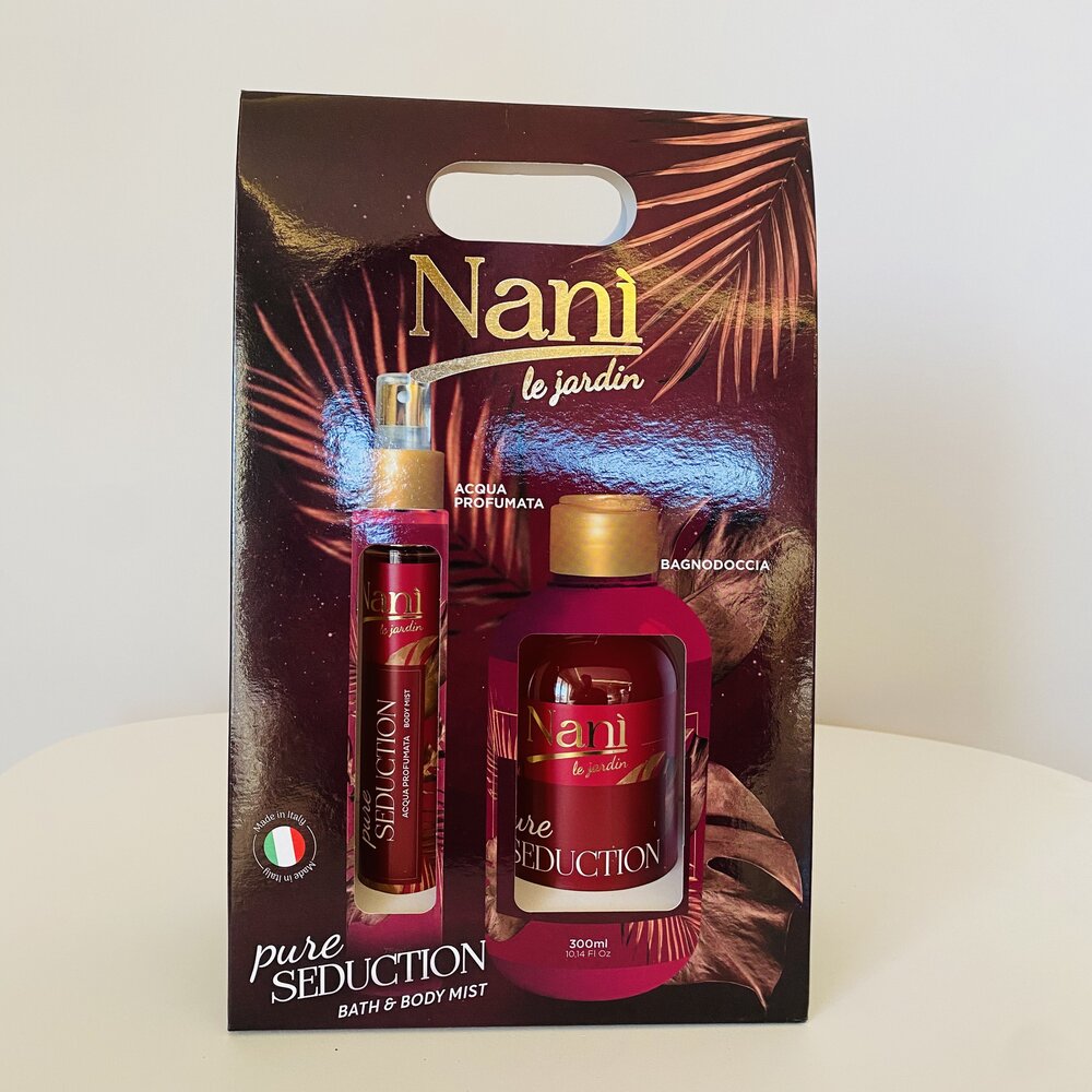 Conjunto Nani le jardin com spray e gel de banho em embalagem castanha escura com folhas cor de salmão