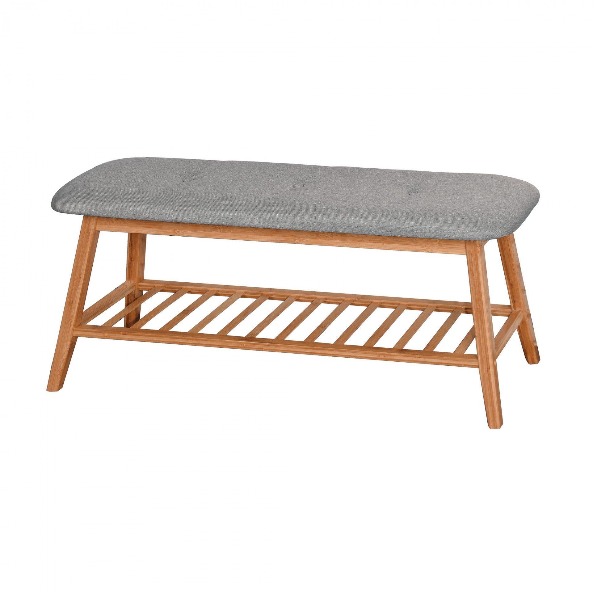 Banco em madeira com assento cinzento acolchoado e base de ripas
