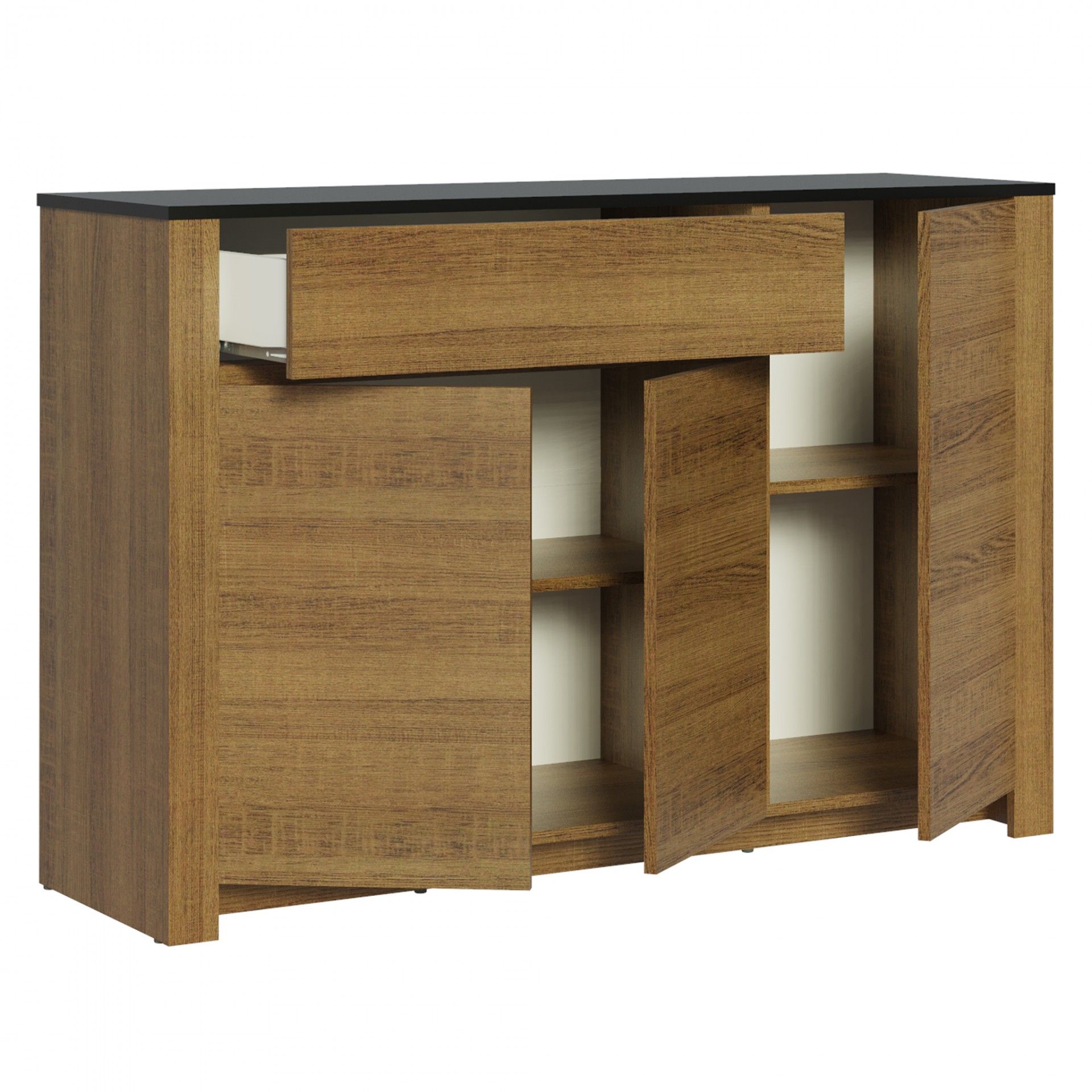 Aparador de madeira castanho com gaveta branca e três portas abertas